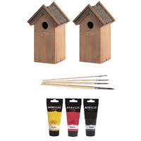 Lifetime Garden 2x Houten vogelhuisje/nestkastje 22 cm - zwart/geel/rood Dhz schilderen pakket -