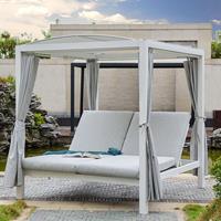 Home Deluxe Sonnenliege - LYON, Maße: ca. 208 x 188 x 207 cm, Farbe: Weiß, Loungebett für 2 Personen, inkl. Vorhänge und Sonnendach I Gartenliege