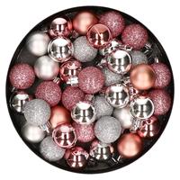 Bellatio Set van 40x stuks kunststof kerstballen mix zilver en roze 3 cm -