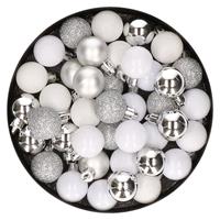 Bellatio Set van 40x stuks kunststof kerstballen mix zilver en wit 3 cm -