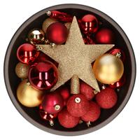 Bellatio 33x stuks kunststof kerstballen met piek 5-6-8 cm rood/goud incl. haakjes -