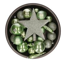Bellatio 33x stuks kunststof kerstballen met piek 5-6-8 cm salie groen incl. haakjes -