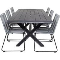 Hioshop Rives tuinmeubelset tafel 100x200cm en 6 stoel Lindos zwart.