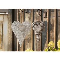 FRANK FLECHTWAREN 2 Herzhänger 'Happy Gardening' aus Weide, 30 + 40 cm hoch, grau + weiß, Dekohänger, Fensterdeko, Gartendeko