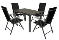 DEGAMO Garnitur SORANO 5-teilig mit Tisch 70x125cm, Aluminium + Polywood + Kunstgewebe schwarz silber