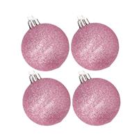 Cosy & Trendy 4x stuks kunststof glitter kerstballen roze 10 cm -