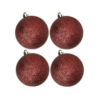 Cosy & Trendy 4x stuks kunststof glitter kerstballen donkerrood 10 cm -