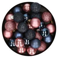 Bellatio 28x stuks kunststof kerstballen donkerblauw en oudroze mix 3 cm -
