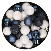Bellatio 28x stuks kunststof kerstballen donkerblauw en wit mix 3 cm -