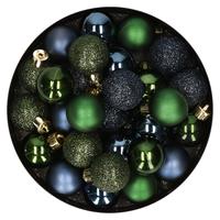 Bellatio 28x stuks kunststof kerstballen donkergroen en donkerblauw mix 3 cm -