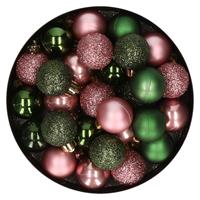 Bellatio 28x stuks kunststof kerstballen donkergroen en oudroze mix 3 cm -