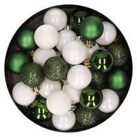 Bellatio 28x stuks kunststof kerstballen donkergroen en wit mix 3 cm -