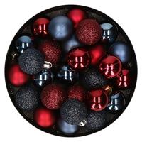 Bellatio 28x stuks kunststof kerstballen donkerrood en donkerblauw mix 3 cm -
