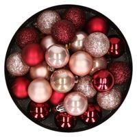 Bellatio 28x stuks kunststof kerstballen donkerrood en lichtroze mix 3 cm -