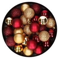 Bellatio 28x stuks kunststof kerstballen goud en donkerrood mix 3 cm -