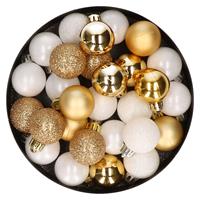 Bellatio 28x stuks kunststof kerstballen goud en wit mix 3 cm -