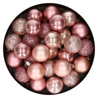 Bellatio 28x stuks kunststof kerstballen lichtroze en oudroze mix 3 cm -