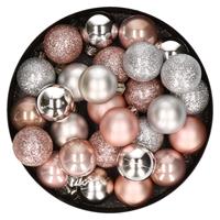 Bellatio 28x stuks kunststof kerstballen lichtroze en zilver mix 3 cm -