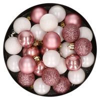 Bellatio 28x stuks kunststof kerstballen oudroze en wit mix 3 cm -
