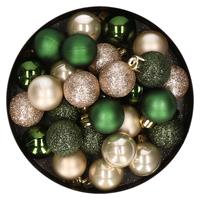 Bellatio 28x stuks kunststof kerstballen parel/champagne en donkergroen mix 3 cm -