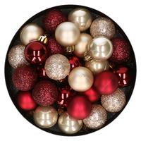 Bellatio 28x stuks kunststof kerstballen parel/champagne en donkerrood mix 3 cm -