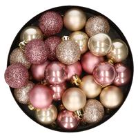 Bellatio 28x stuks kunststof kerstballen parel/champagne en oudroze mix 3 cm -