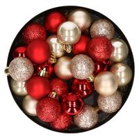 Bellatio 28x stuks kunststof kerstballen parel/champagne en rood mix 3 cm -