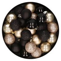 Bellatio 28x stuks kunststof kerstballen parel/champagne en zwart mix 3 cm -