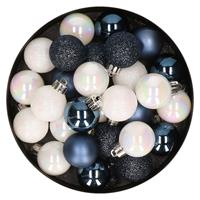 Bellatio 28x stuks kunststof kerstballen parelmoer wit en donkerblauw mix 3 cm -