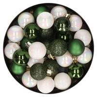 Bellatio 28x stuks kunststof kerstballen parelmoer wit en donkergroen mix 3 cm -