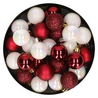 Bellatio 28x stuks kunststof kerstballen parelmoer wit en donkerrood mix 3 cm -
