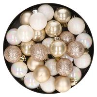 Bellatio 28x stuks kunststof kerstballen parelmoer wit en parel champagne mix 3 cm -