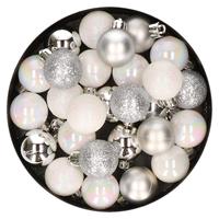 Bellatio 28x stuks kunststof kerstballen parelmoer wit en zilver mix 3 cm -