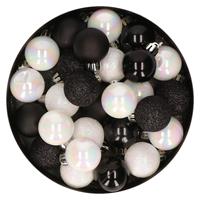 Bellatio 28x stuks kunststof kerstballen parelmoer wit en zwart mix 3 cm -
