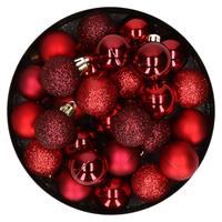 Bellatio 28x stuks kunststof kerstballen rood en donkerrood mix 3 cm -