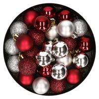 Bellatio 28x stuks kunststof kerstballen zilver en donkerrood mix 3 cm -