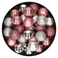Bellatio 28x stuks kunststof kerstballen zilver en oudroze mix 3 cm -