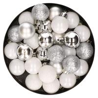 Bellatio 28x stuks kunststof kerstballen zilver en wit mix 3 cm -