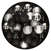 Bellatio 28x stuks kunststof kerstballen zilver en zwart mix 3 cm -
