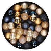 Bellatio 42x stuks kunststof kerstballen donkerblauw, champagne en goud mix 3 cm -