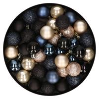 Bellatio 42x stuks kunststof kerstballen donkerblauw, champagne en zwart mix 3 cm -