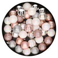 Bellatio 42x stuks kunststof kerstballen lichtroze, parelmoer wit en zilver mix 3 cm -