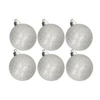 Cosy & Trendy 6x stuks kunststof glitter kerstballen zilver 6 cm -