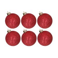 Cosy & Trendy 6x stuks kunststof glitter kerstballen rood 6 cm -