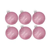 Cosy & Trendy 6x stuks kunststof glitter kerstballen roze 6 cm -