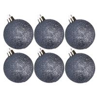 Cosy & Trendy 6x stuks kunststof glitter kerstballen donkerblauw 8 cm -