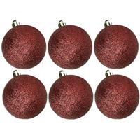 Cosy & Trendy 6x stuks kunststof glitter kerstballen donkerrood 8 cm -