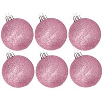Cosy & Trendy 6x stuks kunststof glitter kerstballen roze 8 cm -