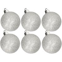 Cosy & Trendy 6x stuks kunststof glitter kerstballen zilver 8 cm -