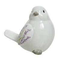 Decoris Decoratie Dieren Beeld Vogel Wit Met Lavendel Bloemen Met Staart Omlaag 9 Cm - Tuinbeelden